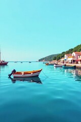 Obraz premium Serene Coastal Village Scene Boats at Rest in a Calm Bay with Picturesque Waterfront Homes