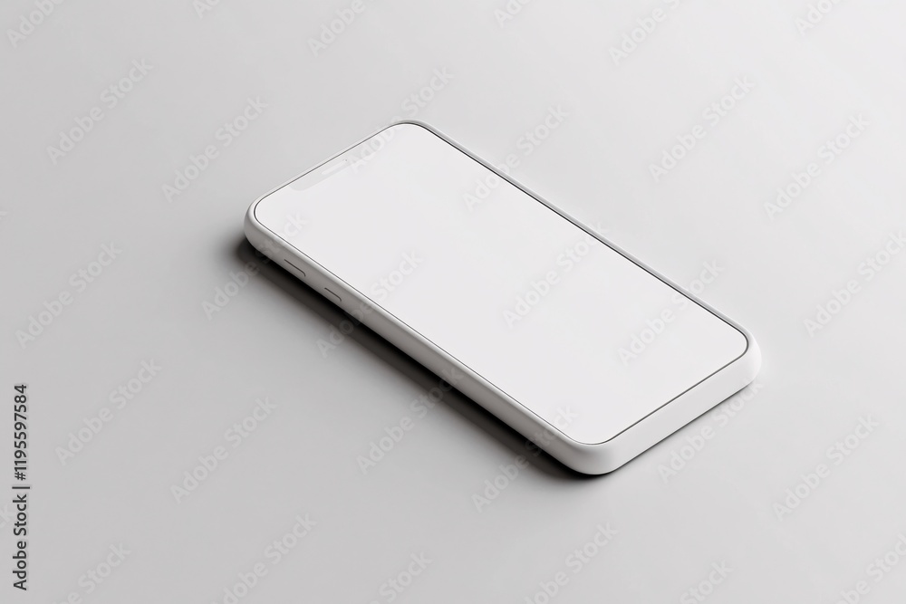 Poster white smartphone showing blank screen lying on gray table