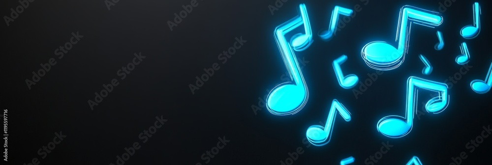 Poster bright neon musical notes glowing on a dark background represent the concept of music, sound recordi