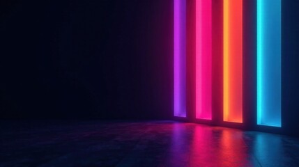 Vibrant Neon Light Pillars Illuminating a Dark Reflective Floor Creating a Futuristic and Atmospheric Scene