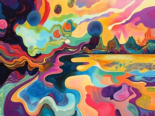 Vibrant abstract landscape painting features swirling colors and soft light. AI Generated