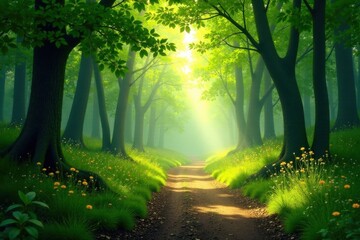 Sunlit Path Through a Mystical, Foggy Forest with Lush Greenery and Vibrant Wildflowers