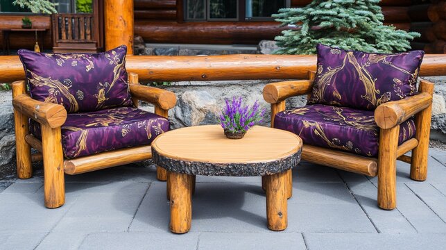 Rustic Log Cabin Patio Furniture Set with Purple Cushions