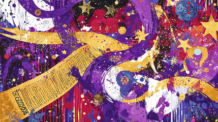 Abstract Purim Art with Swirling Colors and Stars. Concept of Jewish Celebration, Vibrant Festival Imagery. Copy space. Background