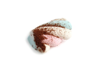 On a white background lies a marshmallow covered with cocoa powder.