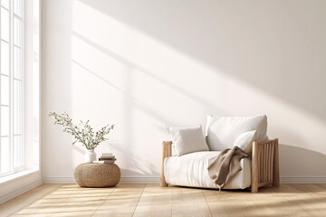 Obraz premium Minimalist living room interior with comfortable armchair and sunlight streaming through window