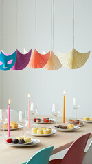 Festive Dining Room with Colorful Paper Decorations and Elegant Table Setting. Concept of Celebration, Creative Interior Design. Purim. Vertical