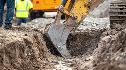 A close-up of a construction worker operating heavy machinery to excavate foundation trenches for a residential project, Excavation scene, Heavy equipment operation style