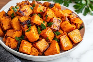 Roasted Sweet Potato Cubes with Parsley