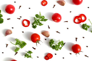 Fresh ripe harvest of vegetables lies on a white isolated background.