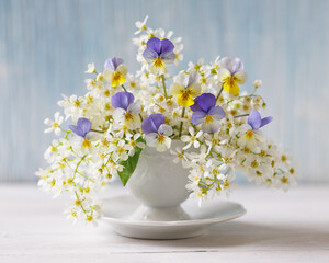 Bouquet of spring flowers bird cherry, pansies in a cup on the table, beautiful arrangement, still life
