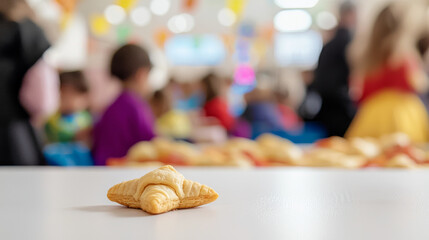 Hamantaschen Pastry on a Clean Table at a Colorful Purim Fair. Concept of Jewish Festival, Traditional Food. Copy space