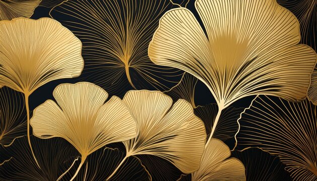 ginkgo leaf pattern and golden line art minimalism texture background