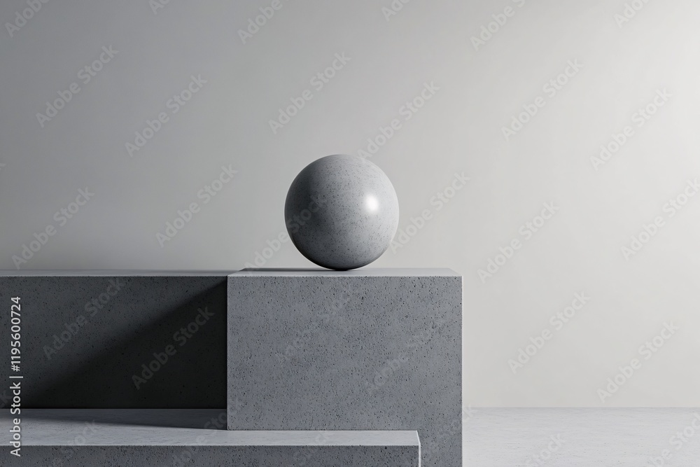 Poster Concrete sphere balancing on elevated cube structure: minimalist composition in gray tones