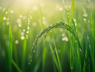 Close-up of rice plants with dewdrops in a field. Featuring morning dew on green rice stalks. Highlighting natural beauty and freshness. Ideal for nature and agricultural content.