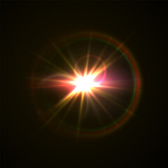 Light flare, shine flash sparkle or star glow ray or beam, realistic vector sunlight. Light glare with blur or bokeh flare effect background, shiny spark or bright starlight with lens flare effect