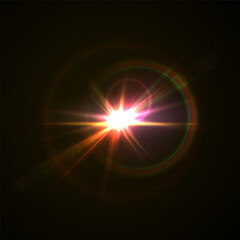 The image shows a multi-colored starlight including sunlight and dawn effect. Rainbow star. The star shines with a rainbow of red yellow and blue colors. Optical effect of fire light. Vector lens