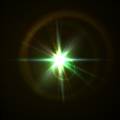 Light flare, shine flash sparkle or star glow ray or beam, realistic vector sunlight. Light glare with blur or bokeh flare effect background, shiny spark or bright starlight with lens flare effect