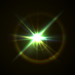 Light flare, shine flash sparkle or star glow ray or beam, realistic vector sunlight. Light glare with blur or bokeh flare effect background, shiny spark or bright starlight with lens flare effect