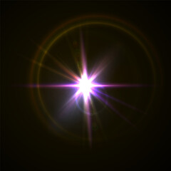 Light flare, shine flash sparkle or star glow ray or beam, realistic vector sunlight. Light glare with blur or bokeh flare effect background, shiny spark or bright starlight with lens flare effect