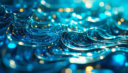 Abstract Blue Liquid Waves with Glowing Particles Swirling Texture Background