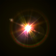 Rainbow Crystal Star Effects: Optical Light Rays with Red, Yellow, and Blue Glows. Sunlight Reflections and Lens Glare Sparkles for Creative and Artistic Vector Design