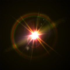 Rainbow Crystal Star Effects: Optical Light Rays with Red, Yellow, and Blue Glows. Sunlight Reflections and Lens Glare Sparkles for Creative and Artistic Vector Design