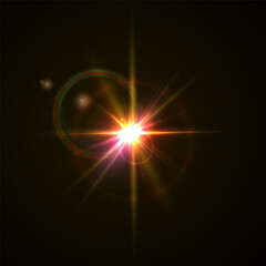 Flash Light Star Effects: Sunny Sparkles, Flash Beams, and Abstract Lens Glows with Bokeh and Dust. Isolated Lighting Elements for Vector Illustrations and Design Concepts
