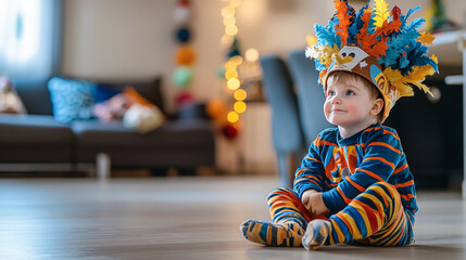 Young Caucasian boy in festive costume sitting on living room floor. Concept of Purim celebration, family home decor. Copy space