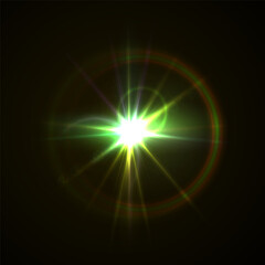 Rainbow Crystal Star Effects: Optical Light Rays with Red, Yellow, and Blue Glows. Sunlight Reflections and Lens Glare Sparkles for Creative and Artistic Vector Design