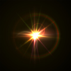 Rainbow Crystal Star Effects: Optical Light Rays with Red, Yellow, and Blue Glows. Sunlight Reflections and Lens Glare Sparkles for Creative and Artistic Vector Design