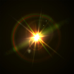 Rainbow Crystal Star Effects: Optical Light Rays with Red, Yellow, and Blue Glows. Sunlight Reflections and Lens Glare Sparkles for Creative and Artistic Vector Design