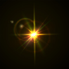 Flash Light Star Effects: Sunny Sparkles, Flash Beams, and Abstract Lens Glows with Bokeh and Dust. Isolated Lighting Elements for Vector Illustrations and Design Concepts