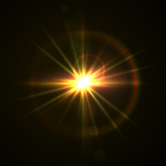 Light flare, shine flash sparkle or star glow ray or beam, realistic vector sunlight. Light glare with blur or bokeh flare effect background, shiny spark or bright starlight with lens flare effect