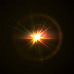 Rainbow Crystal Star Effects: Optical Light Rays with Red, Yellow, and Blue Glows. Sunlight Reflections and Lens Glare Sparkles for Creative and Artistic Vector Design