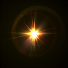 Realistic Flash and Glowing Effects: Camera Light, Sunlight Reflection, Stars, and Sparkling Highlights. Isolated Celestial Elements for Space and Light Design on Transparent Background