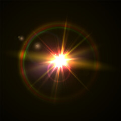 Light flare, shine flash sparkle or star glow ray or beam, realistic vector sunlight. Light glare with blur or bokeh flare effect background, shiny spark or bright starlight with lens flare effect