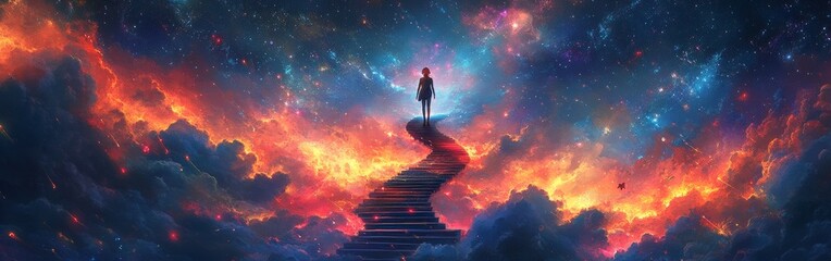 A surreal and vibrant illustration of a woman climbing a cosmic staircase, symbolizing enlightenment and a spiritual journey. Ideal for artistic posters, meditation content, and inspirational designs.