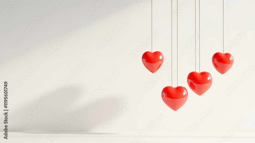 Poster Four shiny red hearts hanging from thin strings against a minimalist white background create a romantic atmosphere, perfect for valentine's day or other love themed celebrations