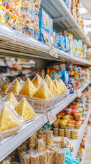 Traditional Purim Treats on Store Shelves, Featuring Hamantaschen and Festive Snacks. Concept of Jewish Holidays, Cultural Celebrations, Festive Food. Vertical