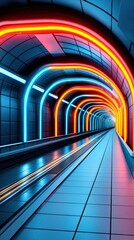Obraz premium Futuristic tunnel with vibrant neon lights, symbolizing travel and movement