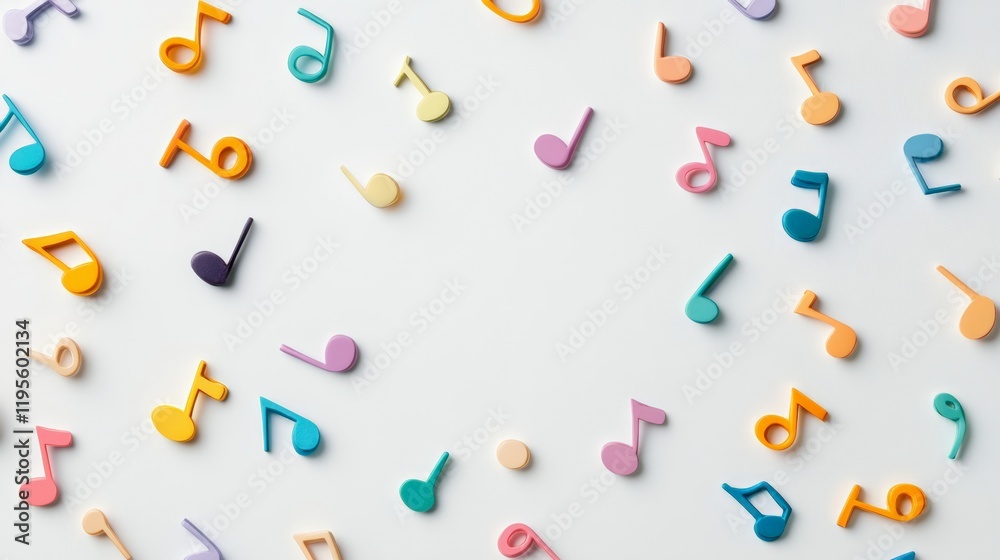 Poster colorful eighth notes are scattered on a white background, creating a vibrant and playful visual rep