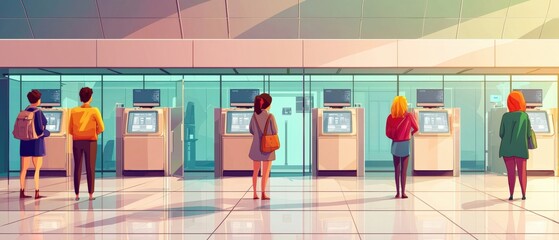 Obraz premium Illustration of travelers waiting at airport kiosks, reflecting travel restrictions and quarantine measures