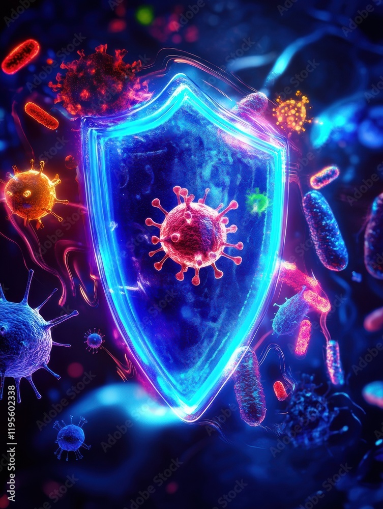 Poster Shield effectively protects against harmful microbes in a vibrant digital representation of safety and health. Generative AI