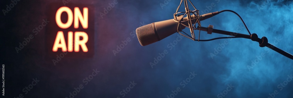 Poster Studio microphone is recording a live performance with the on air sign illuminated in the background, creating an exciting atmosphere of a music studio or broadcasting event