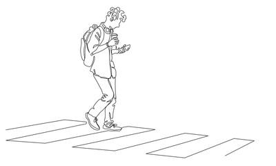 Man with backpack crossing street using pedestrian zebra crosswalk. Using phone holding drink. Continuous line drawing. Black vector in line art style