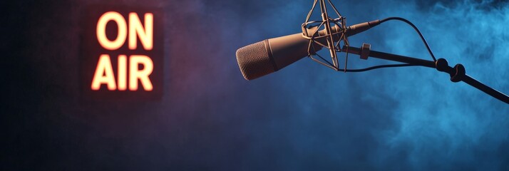 Studio microphone is recording a live performance with the on air sign illuminated in the background, creating an exciting atmosphere of a music studio or broadcasting event