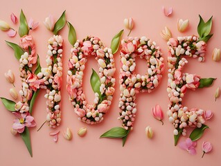 Colorful floral arrangement spelling hope on a pastel background