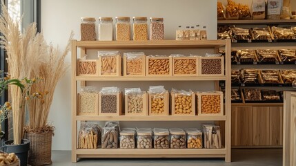 Shelves Filled with Assorted Dried Fruits and Snacks in a Stylish Organic Store Interior