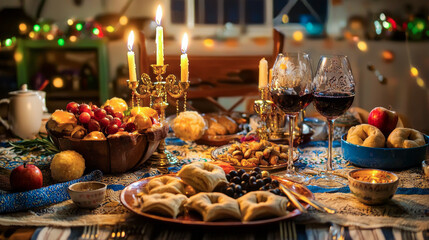 Naklejka premium Traditional Purim Table with Candles and Foods, Featuring Pastries and Fruit. Concept of Jewish Festivity, Cultural Celebration